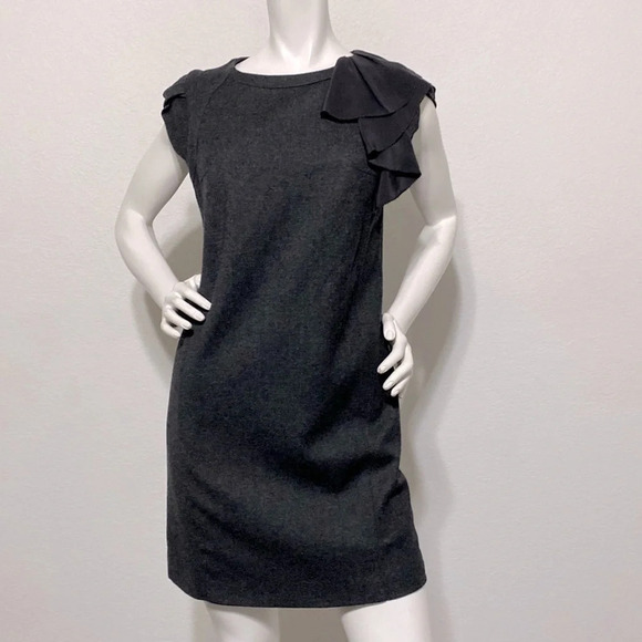 Hanii Y Wool Silk Blend Gray Shift Dress Ruffle Short Sleeve Size 6 - Picture 1 of 10